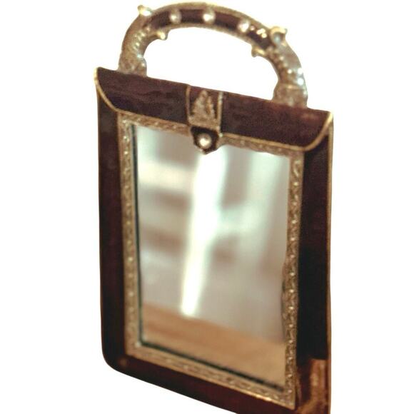 Vintage Handbag-Shaped Vanity Mirror – Ornate Enamel & Pearl Accents - Picture 2 of 3